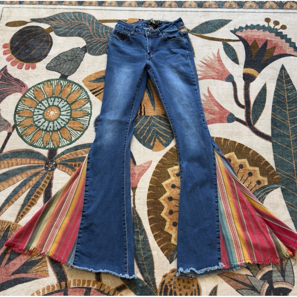 Lucky & Blessed Western Women's Flared Jeans with Multicolor Insets Size 0
